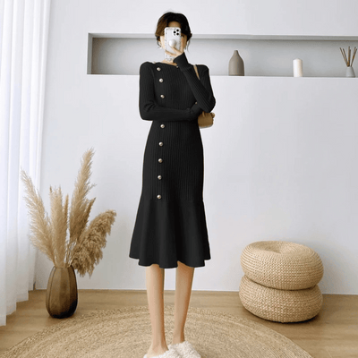 Women's Knit Midi Dress - Ribbed Texture - Long Sleeve - Button Detail - Mermaid Hem