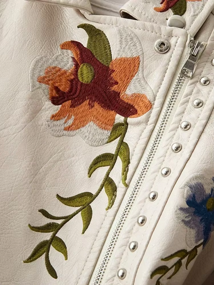 Women’s Leather Jacket – Tailored Biker Fit – Embroidered Floral – Studded Zip Detail