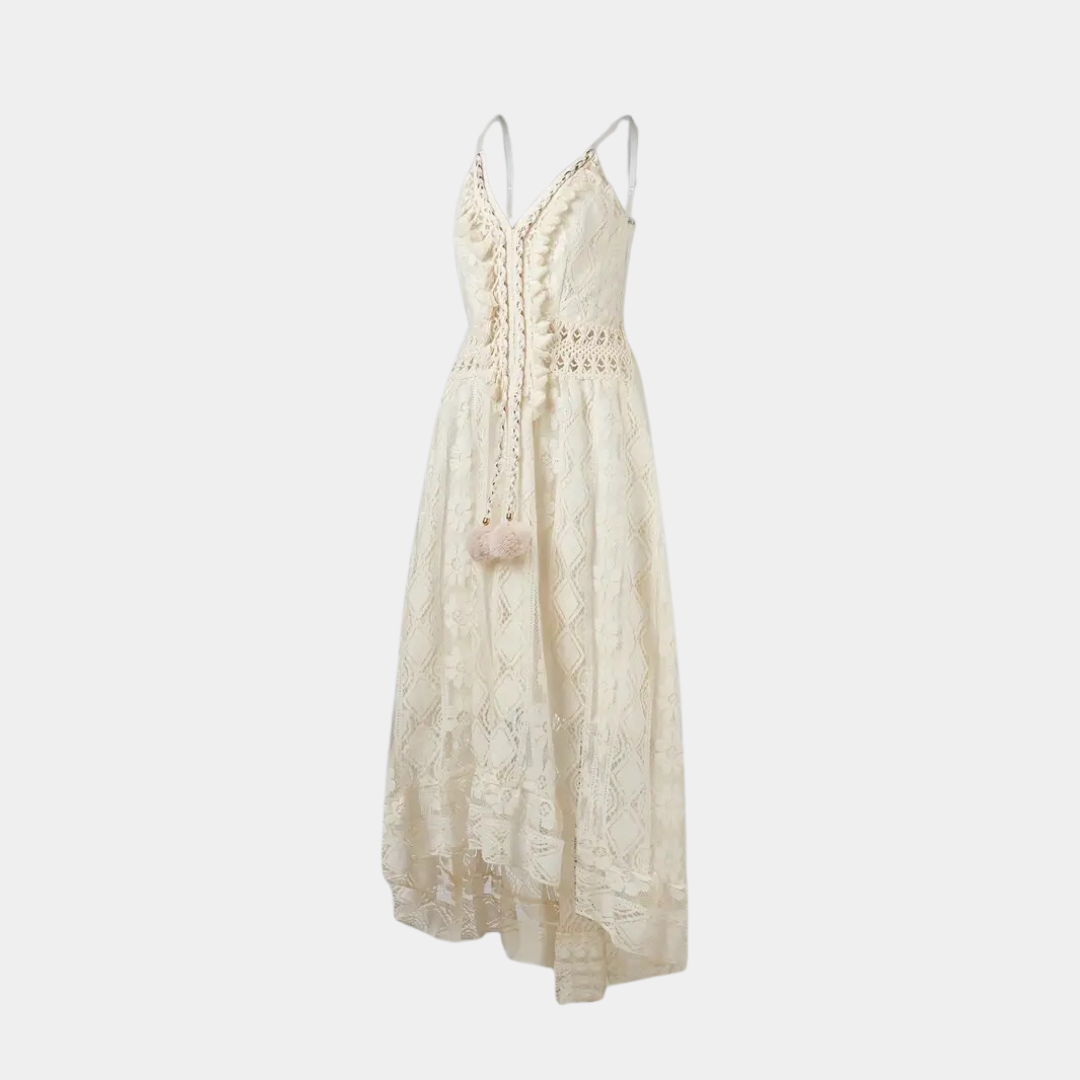 Women’s Midi Dress – Relaxed Fit – Lace Detail – V-Neck – Boho Style – Breathable Fabric
