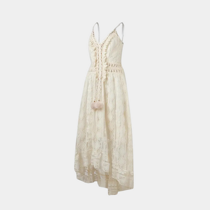 Women’s Midi Dress – Relaxed Fit – Lace Detail – V-Neck – Boho Style – Breathable Fabric