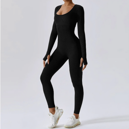 Women's solid long sleeve sports jumpsuit