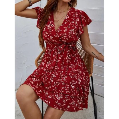 Women's Floral Dress - V-Neck Wrap Design - Short Flutter Sleeves - Fit-and-Flare