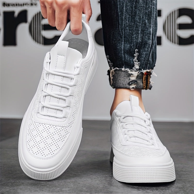 Men’s Leather Sneakers - Breathable Perforated Design - Cushioned Sole - Casual Wear