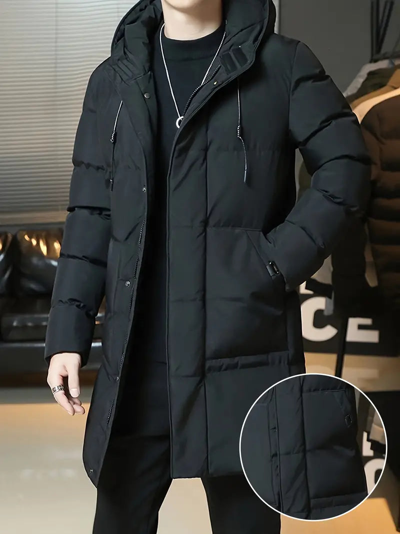 Men’s Long Puffer Coat - Quilted Insulated - Hooded Zip Closure - Warm Winter Wear