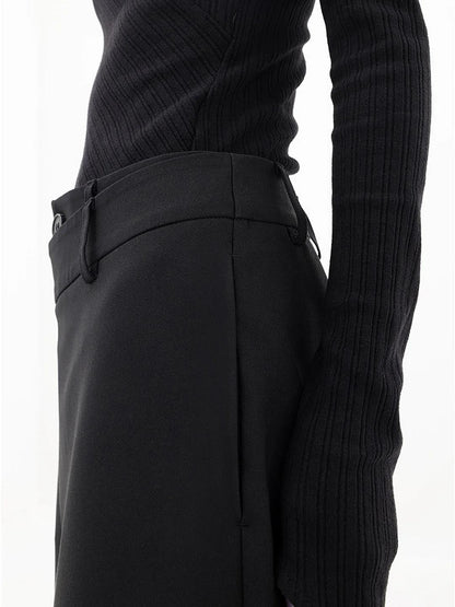 Women’s Wide-Leg Trousers - High Waist - Asymmetric Draped Overlay - Button Detail