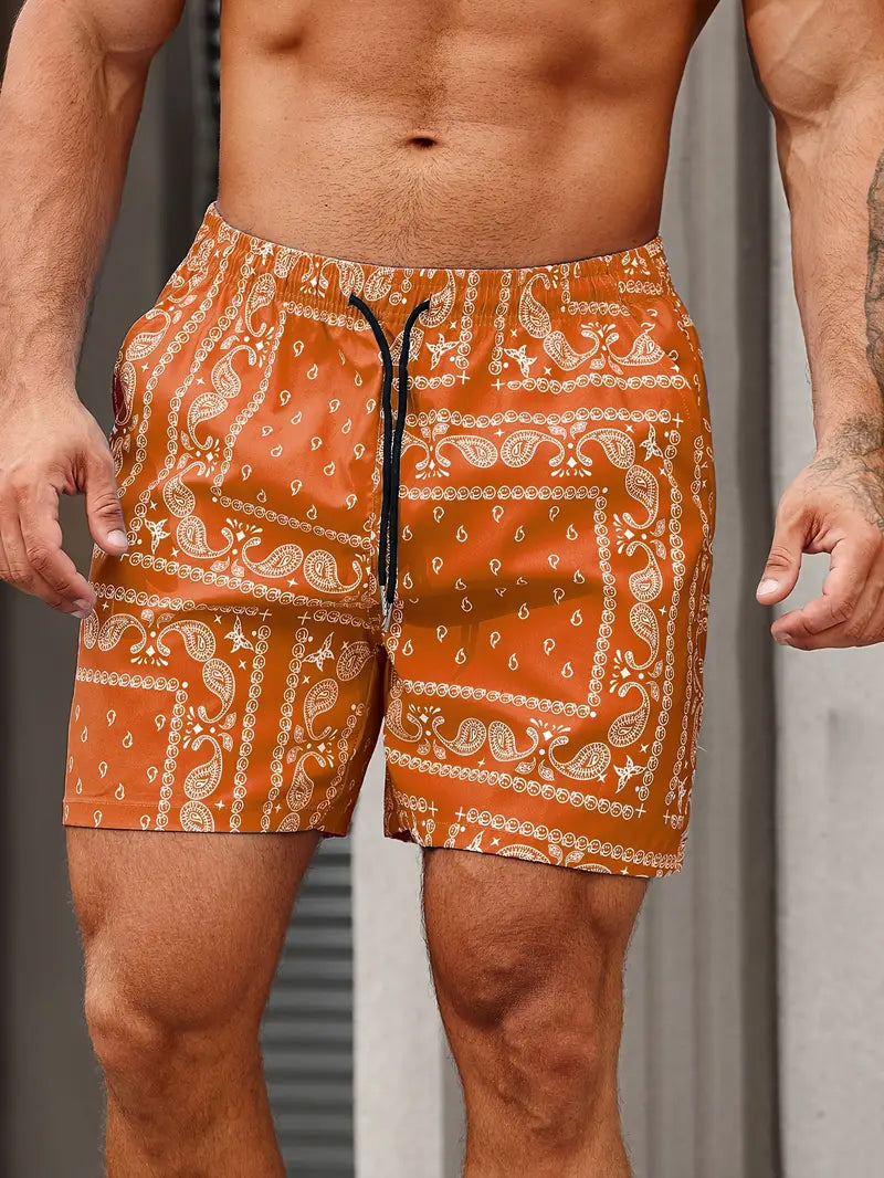 Men’s Swim Shorts – Quick-Dry Breathable Fabric – Bandana Print – Relaxed Fit – Mid-Thigh