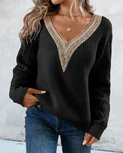 Women’s V-Neck Sweater – Soft Knit – Relaxed Fit – Lace Trim – Open Knit Sleeves