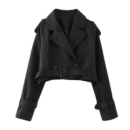 Women’s Cropped Trench Coat – Relaxed Fit – Double-Breasted – Belted Cuffs – Boxy Silhouette