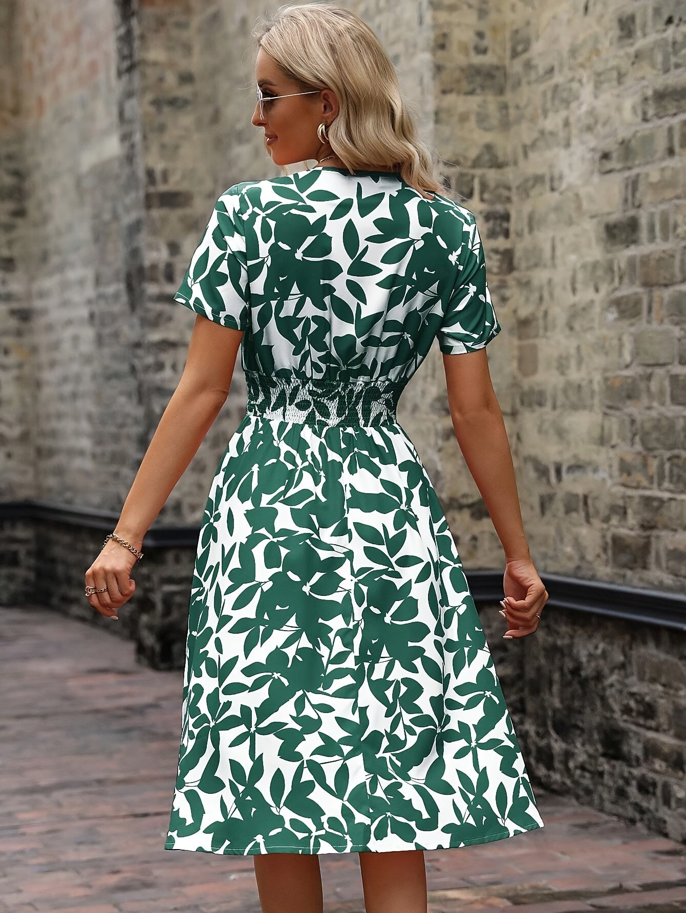 Elegant Midi Dress for Women - Floral Print with Smocked Details