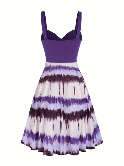 Tie-Dye V-Neck Dress with Faux Buttons for Women