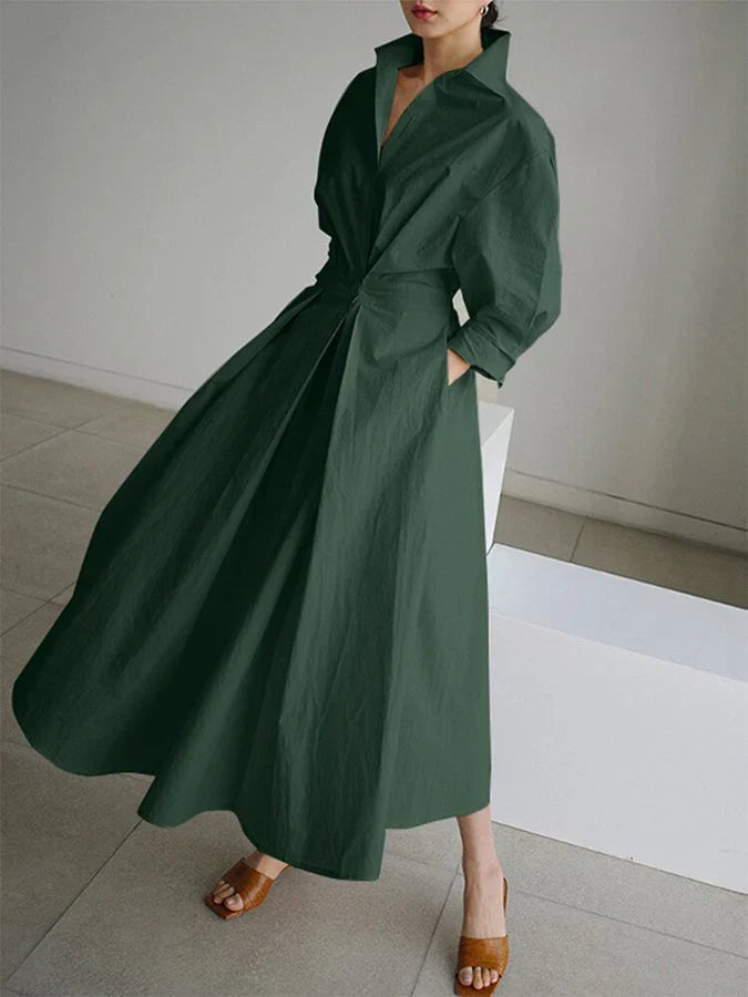Women's Midi Dress - Tailored Fit - Button Front - Belted Waist - Long Sleeve Elegant