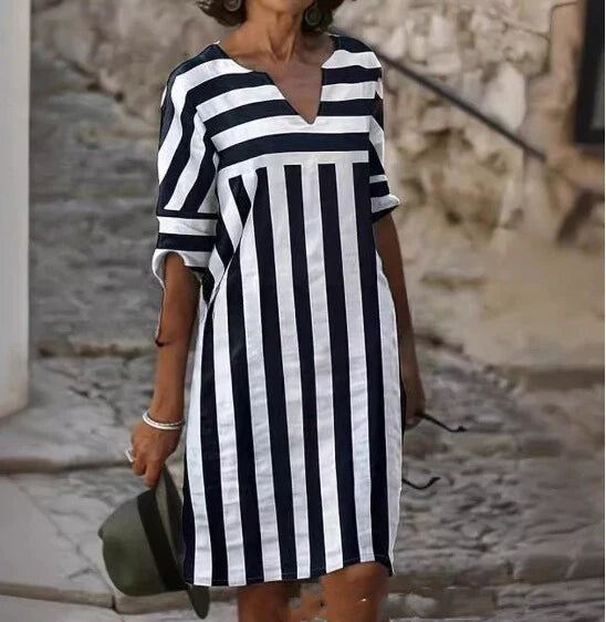 Women's Knee-Length Dress - Bold Striped Pattern - V-Neck - Half Sleeve - A-Line Fit