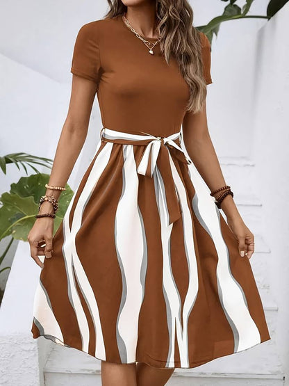 Women's A-Line Dress - Short Sleeve Crew Neck - Waist Tie - Striped Pattern