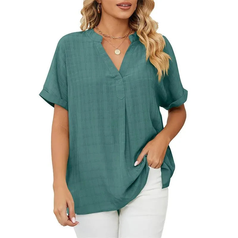 Women's Blouse - Loose Fit - V-Neck - Short Sleeve Lightweight Casual Wear