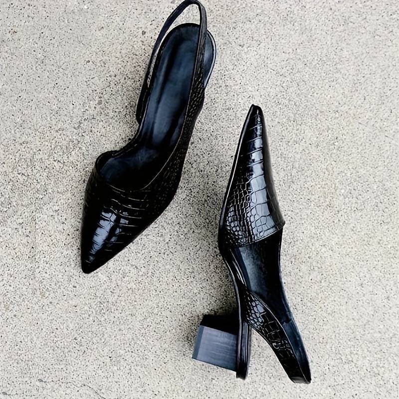 Women’s Slingback Heels – Crocodile-Embossed – Pointed Toe – Mid Block Heel – Elegant Fit