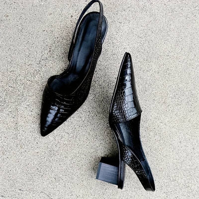 Women’s Slingback Heels – Crocodile-Embossed – Pointed Toe – Mid Block Heel – Elegant Fit