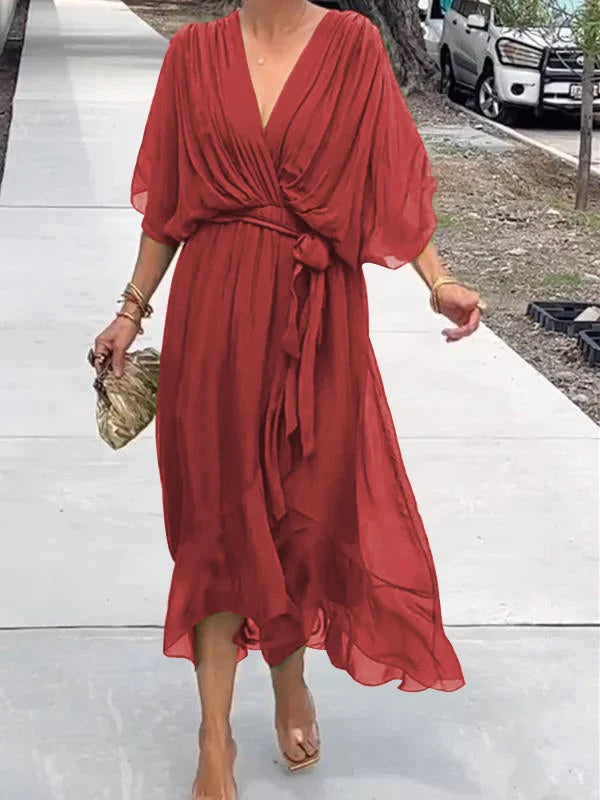 Women's Maxi Dress - V-Neck - Batwing Sleeves - Cinched Waist Tie - High-Low Hem