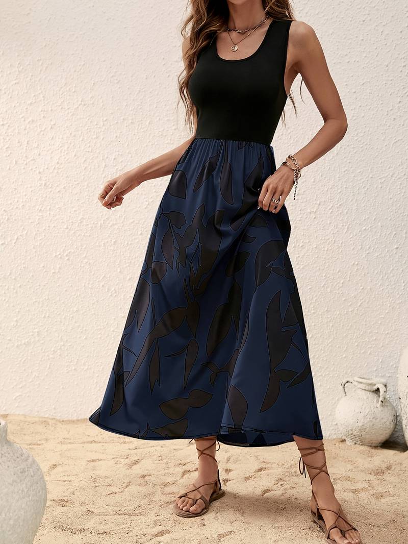 Women's Sleeveless Maxi Dress - Fitted Bodice - Scoop Neck - Flowy A-Line Skirt