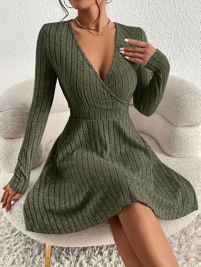 Women's Knit Dress - Wrap V-Neck - Long Sleeve - Ribbed A-Line Silhouette