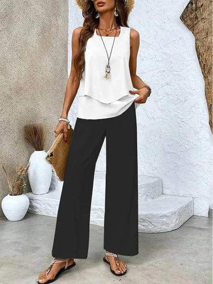 Women’s Two-Piece Set – Sleeveless Top and Wide-Leg Trousers – Breathable Blend – Relaxed Fit