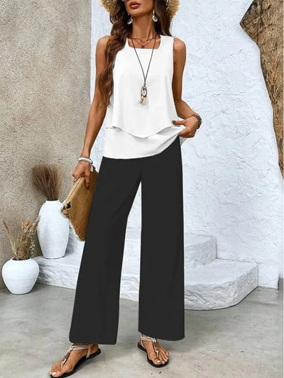 Women’s Two-Piece Set – Sleeveless Top and Wide-Leg Trousers – Breathable Blend – Relaxed Fit