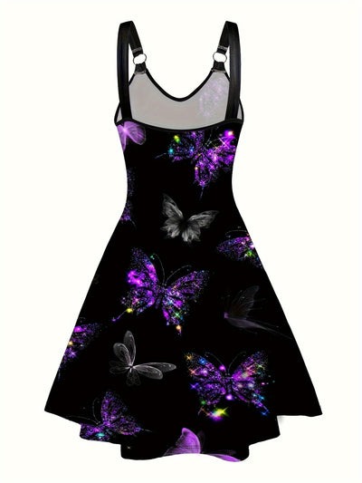 Sleeveless Butterfly Print V-Neck Dress with Ring Detail for Women