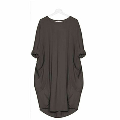 Women’s Midi Dress – Relaxed Fit – Breathable Blend – Round Neck – Side Pockets