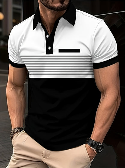 Men's Polo Shirt - Slim Fit - Short Sleeve - Striped Chest Design - Buttoned Placket