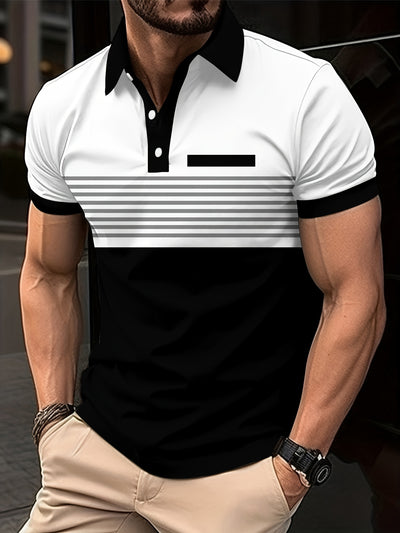 Men's Polo Shirt - Slim Fit - Short Sleeve - Striped Chest Design - Button Placket
