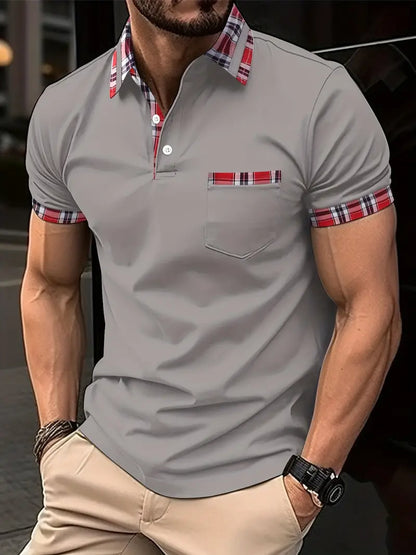 Men’s Polo Shirt – Plaid Trim Collar – Short Sleeve – Button Placket – Chest Pocket