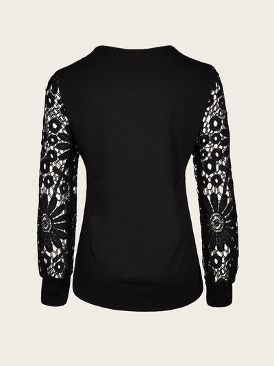 Women's Blouse - Long Lace Sleeves - Round Neck - Pintuck Detailing - Relaxed Fit