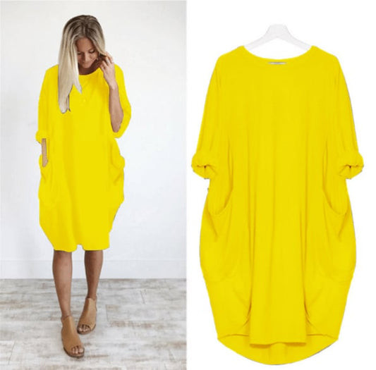 Women’s Midi Dress – Relaxed Fit – Breathable Blend – Round Neck – Side Pockets