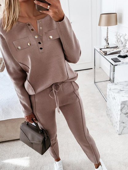 Women's Lounge Set - Henley Long Sleeve Top & Elastic Waist Trousers - Soft Knit Casual Wear