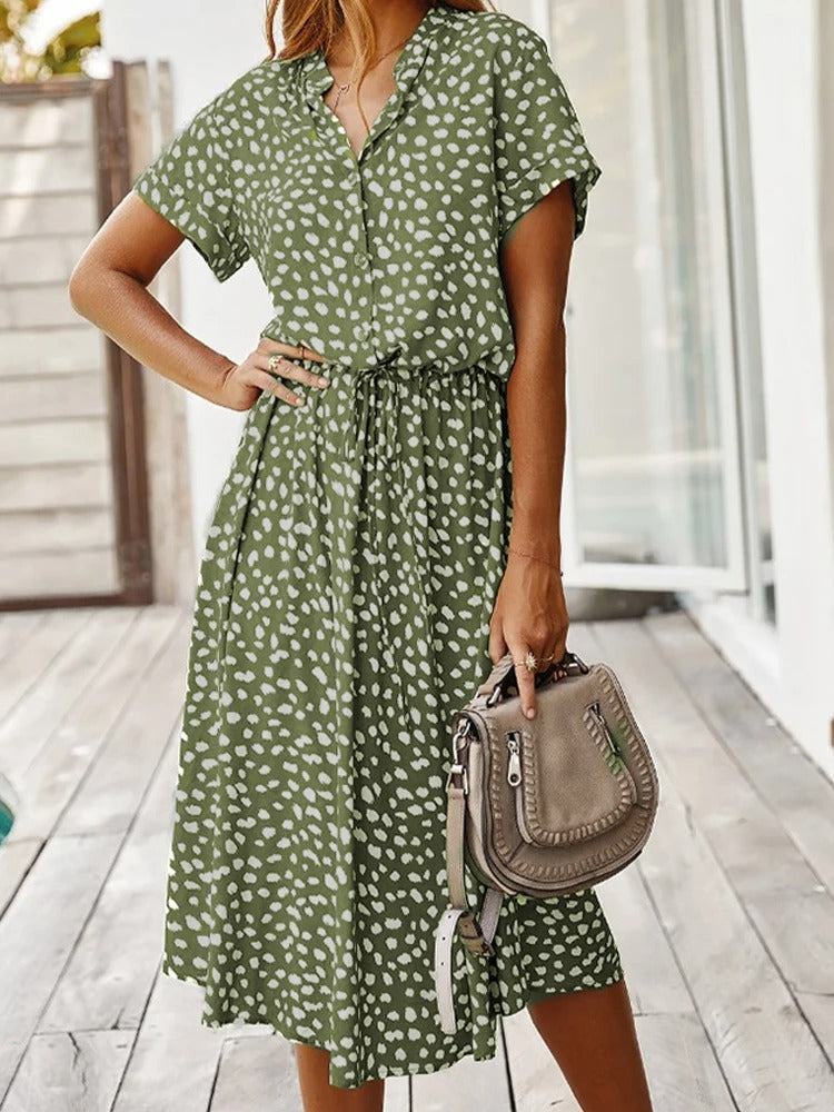 Women’s Midi Dress – Relaxed Fit – Button Front – Short Sleeve – Breathable Blend