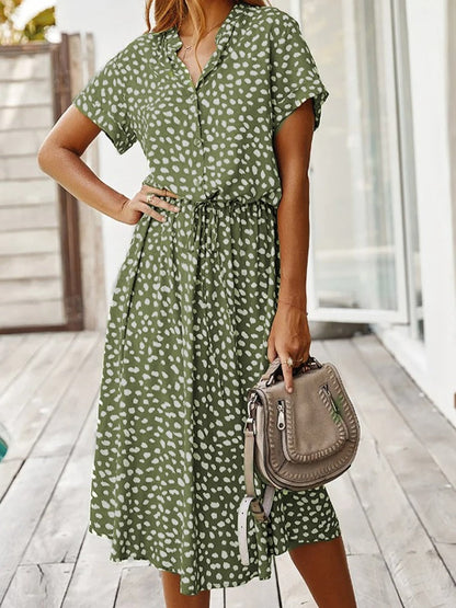 Women’s Midi Dress – Relaxed Fit – Button Front – Short Sleeve – Breathable Blend