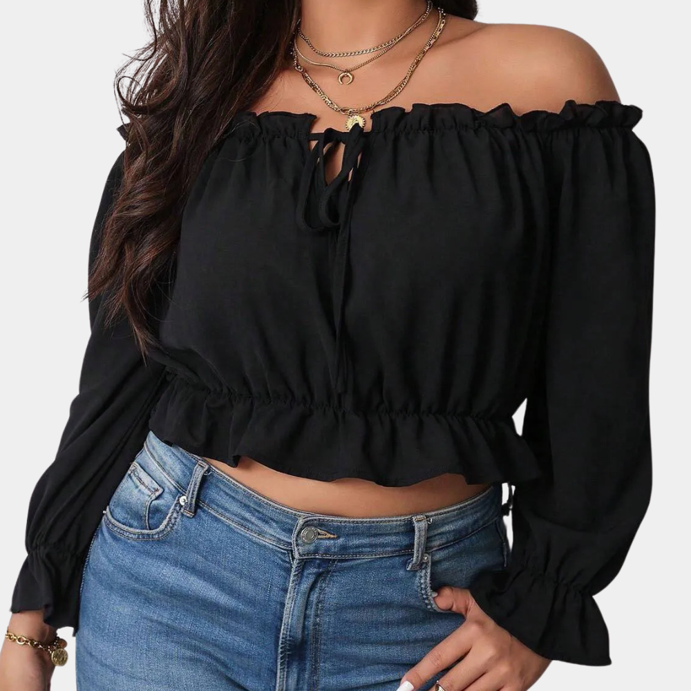 Women's Off-Shoulder Blouse - Ruffled Neckline - Long Puff Sleeves - Lightweight Fit