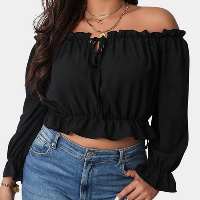 Women's Off-Shoulder Blouse - Ruffled Neckline - Long Puff Sleeves - Lightweight Fit