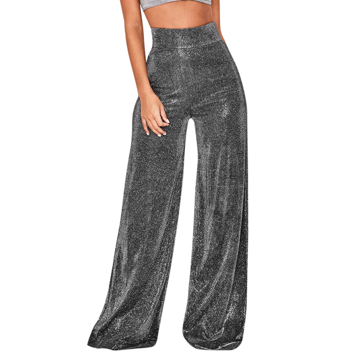 Women's High-Waisted Trousers - Glitter Shimmer Fabric - Wide-Leg Elegant Fit