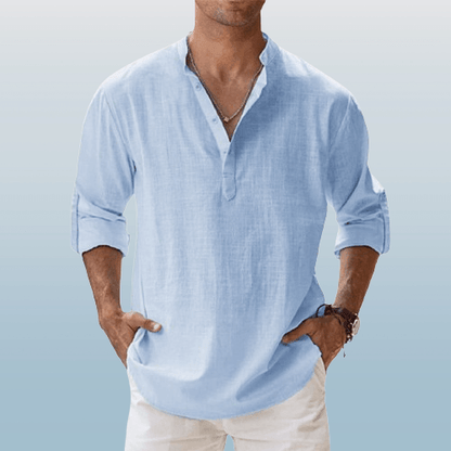 Men’s Henley Shirt - Linen Blend - Long Sleeve - Regular Fit Casual Wear