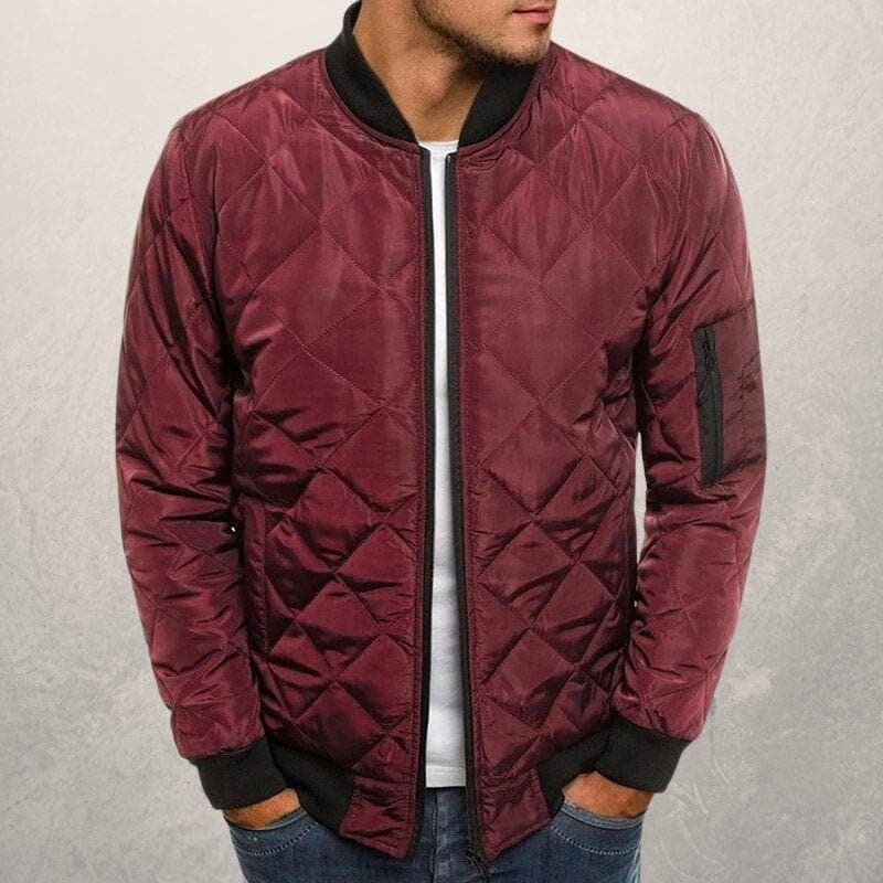 Men’s Bomber Jacket – Quilted Diamond Pattern – Wind Resistant – Ribbed Trim – Utility Pocket