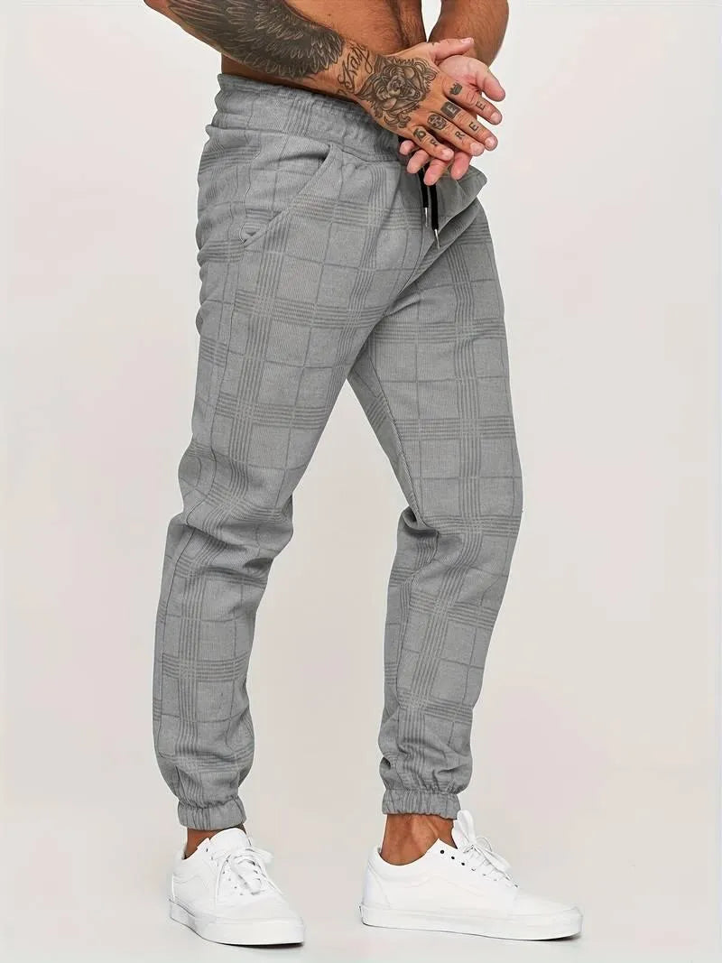 Men’s Jogger Pants - Plaid Pattern - Elastic Waistband - Adjustable Fit - Casual Wear