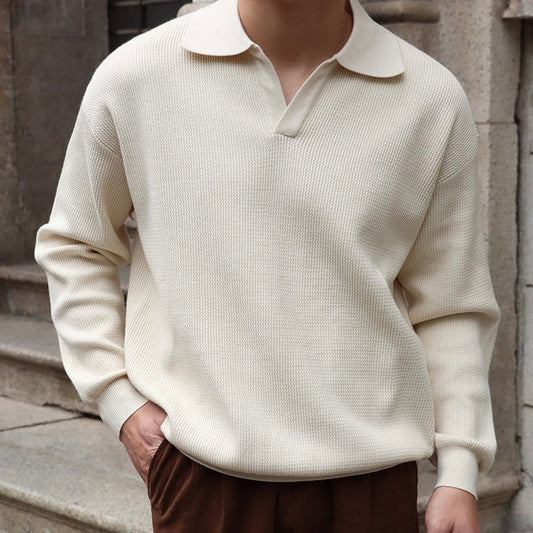 Men’s Knit Pullover Top – Relaxed Fit – Ribbed Cotton Blend – Buttonless Collar – Long Sleeve
