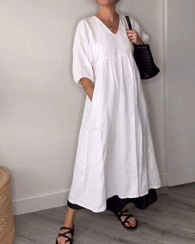 Women’s Mid-Length Dress – V-Neck – Relaxed A-Line Fit – Lightweight Cotton – With Pockets
