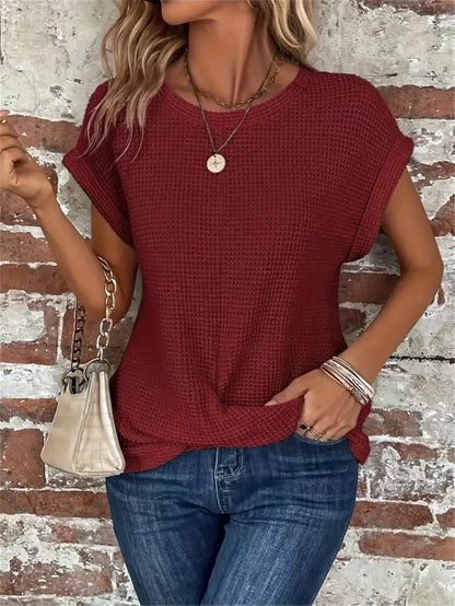 Women's Knit Top - Waffle Texture - Loose Fit - Round Neck - Breathable Casual Wear