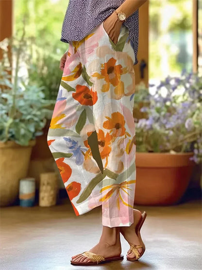 Women’s Wide-Leg Trousers – Breathable Blend – Relaxed Fit – Bold Floral Print – Full Length