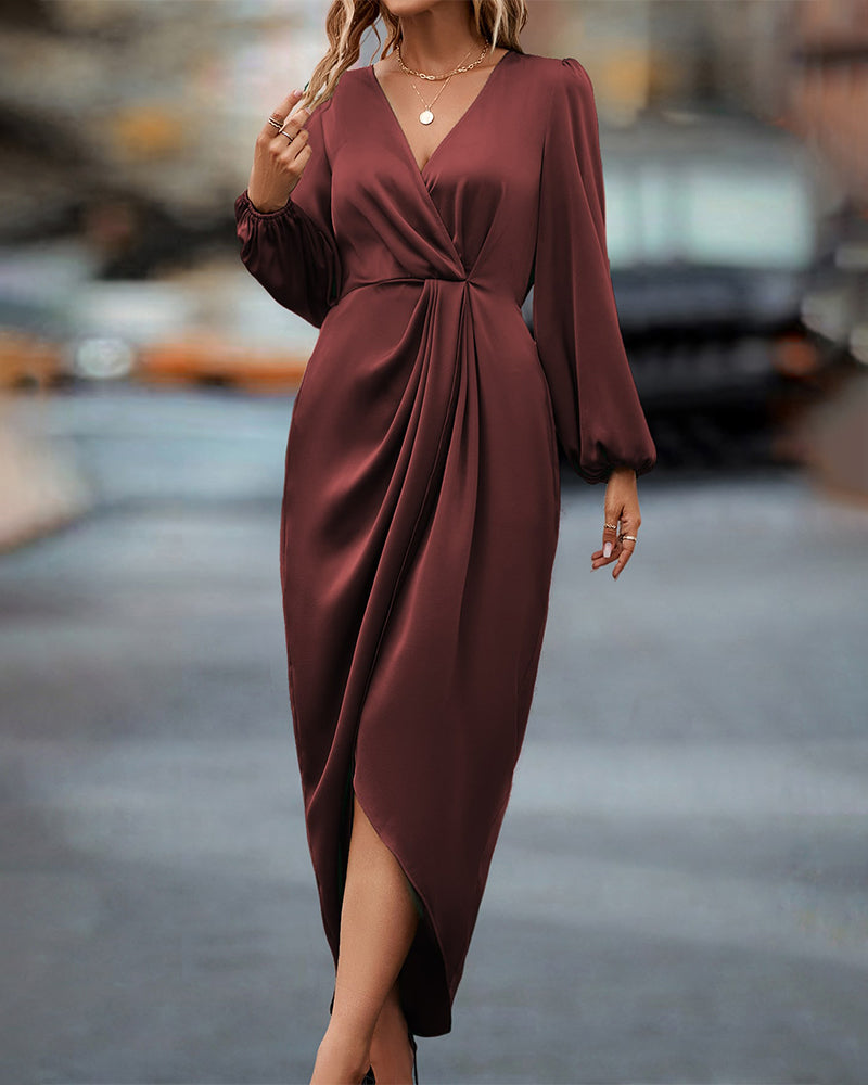 Elegant V-Neck Dress with Lantern Sleeves for Women