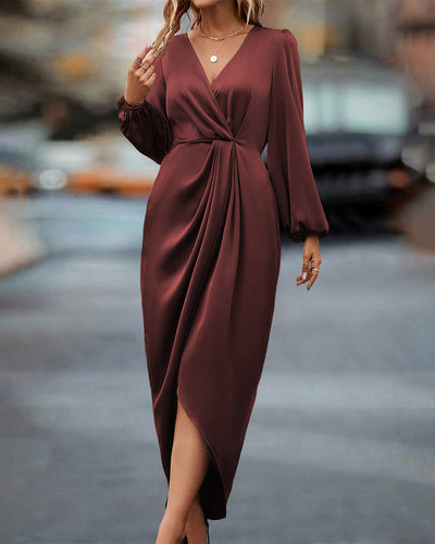 Elegant V-Neck Dress with Lantern Sleeves for Women