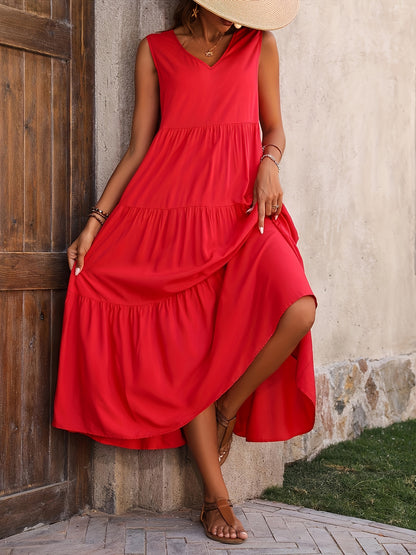 Women's Maxi Dress - Sleeveless Tiered Design - V-Neck Flowing Fit