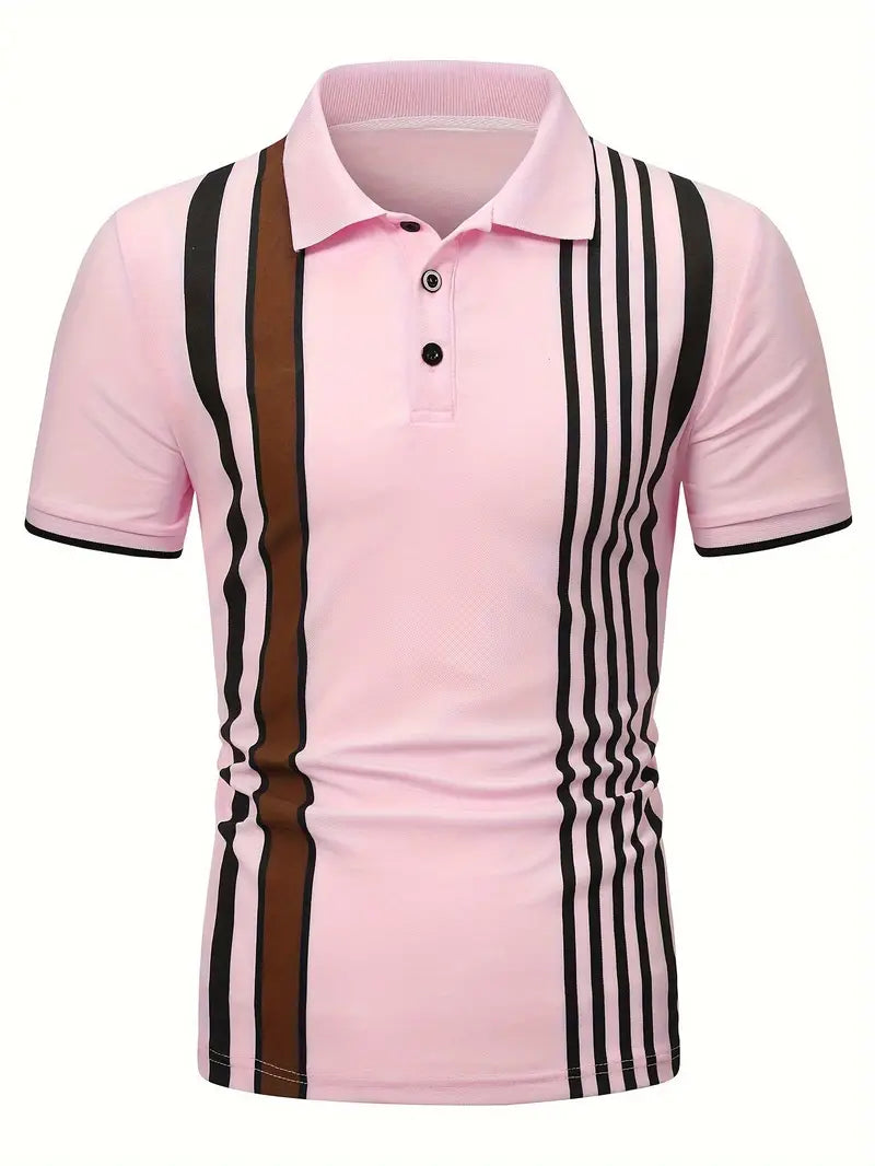 Men’s Polo Shirt - Slim Fit - Short Sleeve - Vertical Stripe Pattern - Classic Collar