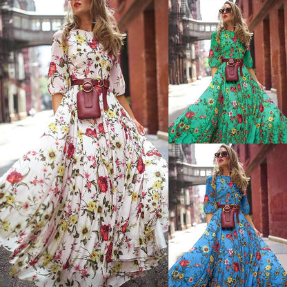 Women's Maxi Dress - Floral Print - Three-Quarter Sleeve - Round Neck - Belted Waist